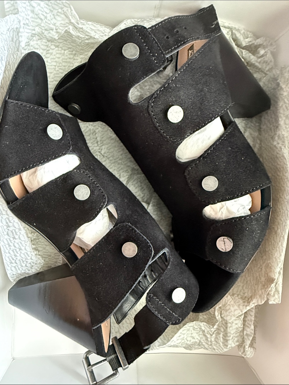 Audrey Brooke Black Suede Studded Cutout Block Heels